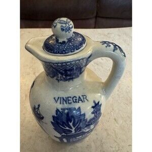 Vintage Blue Willow Vinegar Cruet Bottle Ceramic China Kitchen Decor 1920's